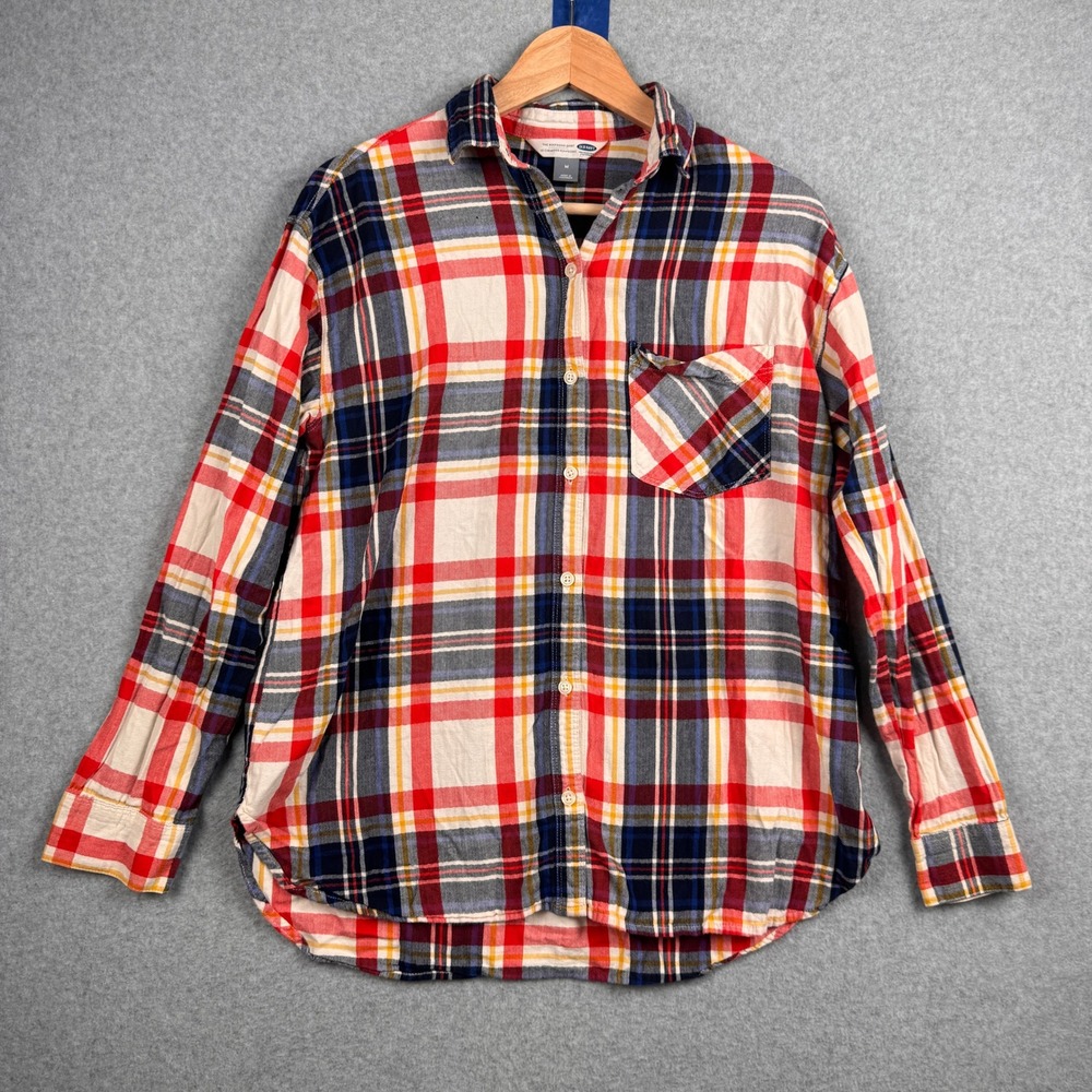 Old Navy Boyfriend Shirt Womens Medium Red Blue Plaid 100% Cotton Button Down